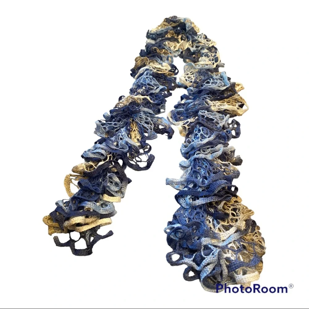 Crocheted Boa Scarf Blue, White & Tan